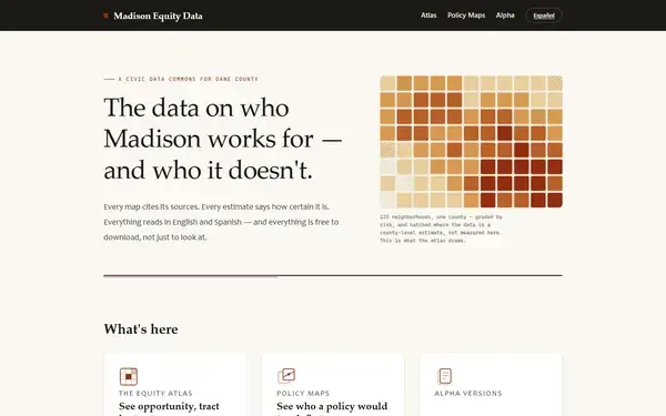 Screenshot of the Madison Equity Data homepage and its neighborhood atlas