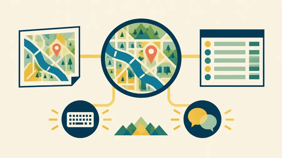 Map, print sheet, data table, and access symbols show multiple ways to use neighborhood information